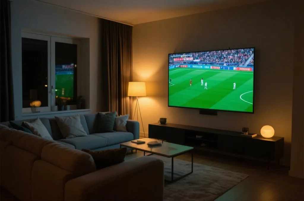 A cozy and modern living room interior at night with warm ambient lighting showing a soccer match on screen